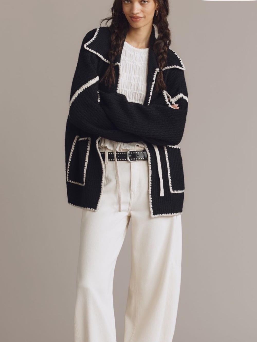 NWT Anthropologie Flat White Collared Whipstitch Cardigan Sweater O/S